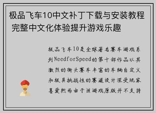 极品飞车10中文补丁下载与安装教程 完整中文化体验提升游戏乐趣