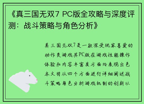 《真三国无双7 PC版全攻略与深度评测：战斗策略与角色分析》